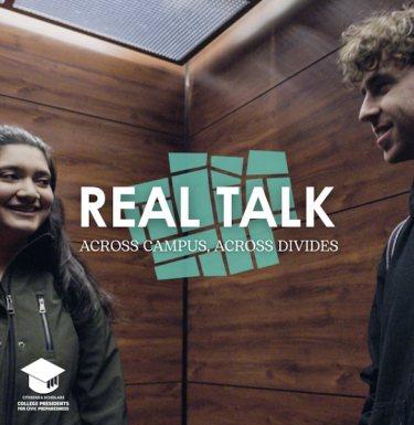 Real Talk: Across Campus, Across Divides logo and two students in an elevator