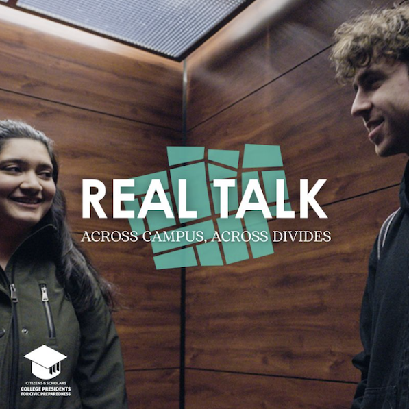 Real Talk: Across Campus, Across Divides logo and two students in an elevator